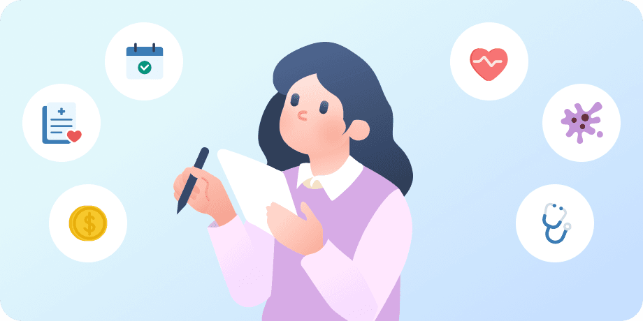 書類をチェックする女性と保険カテゴリアイコンのイラスト